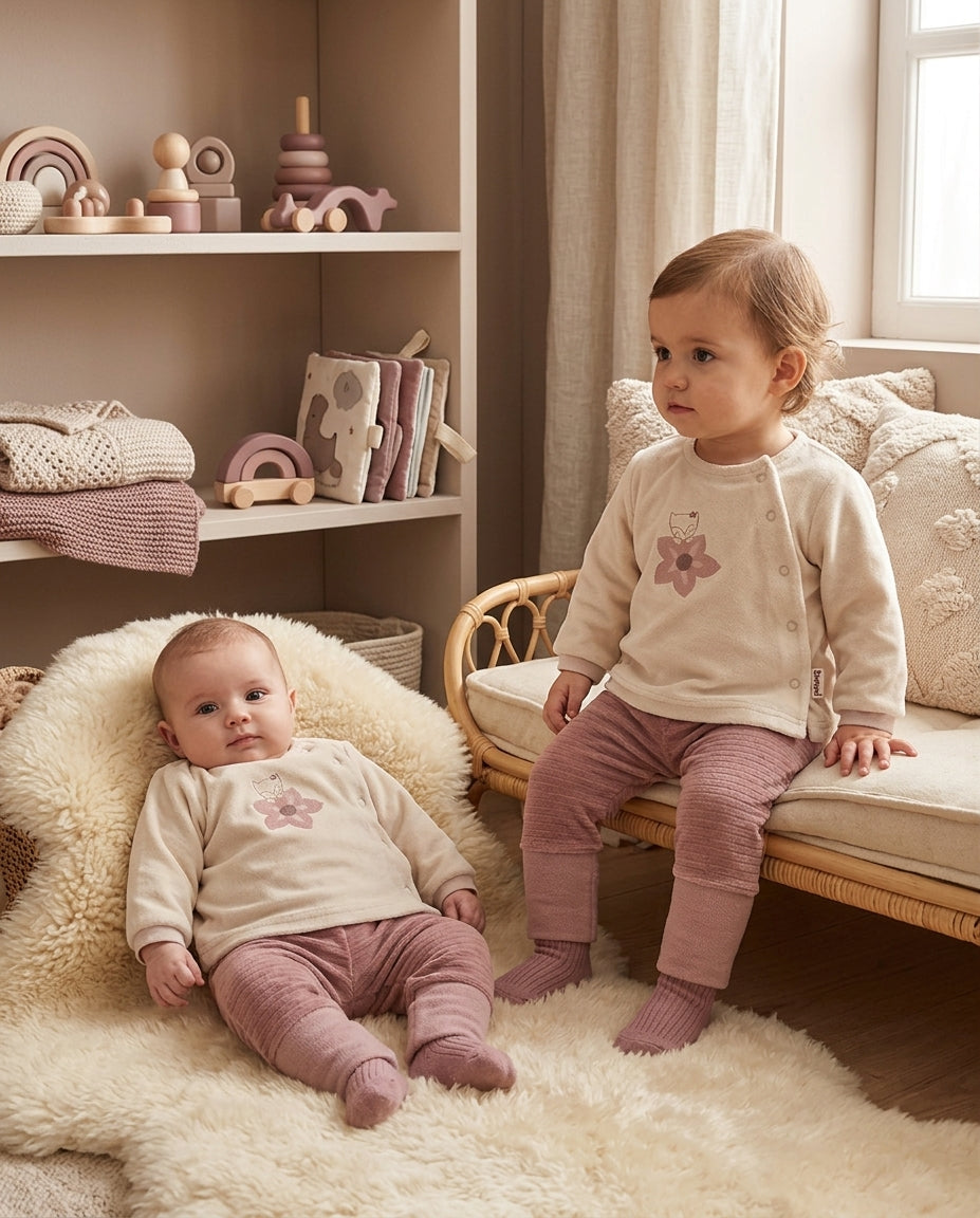 Conjunto Bebé Terciopelo Rosa y Crema | Suave y Calentito | Sonajero Kids