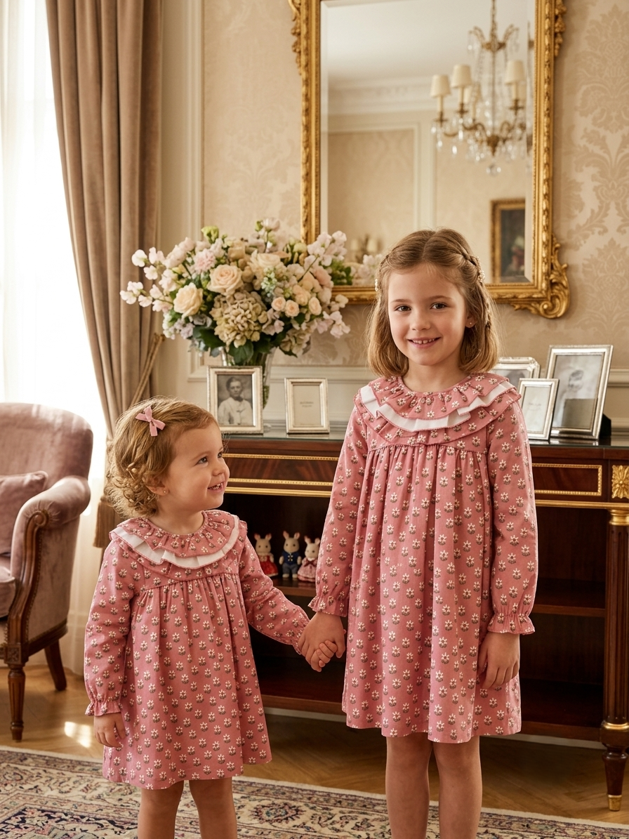 Vestido Infantil Floral Rosa con Cuello Volante | Sonajero Kids