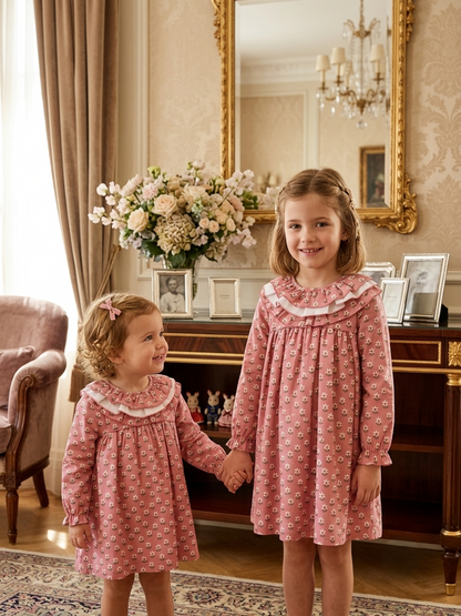 Vestido Infantil Floral Rosa con Cuello Volante | Sonajero Kids