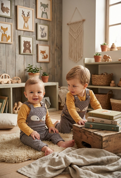 Conjunto Peto Bebé Zorro y Camiseta Mostaza | Moda Infantil | Sonajero Kids