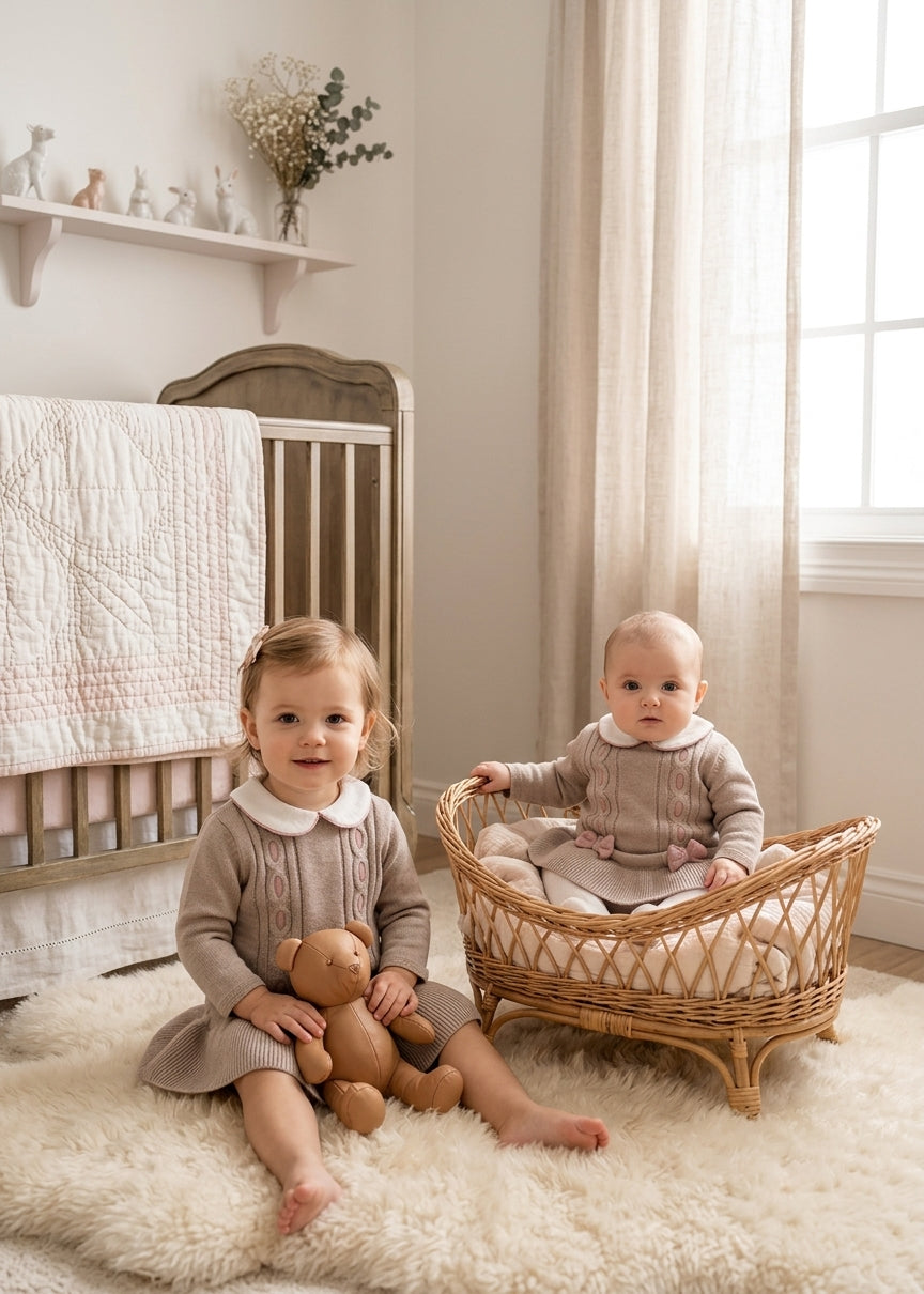 Vestido de Punto Beige para Bebé con Cuello Bobo | Moda Infantil | Mayoral | Sonajero Kids
