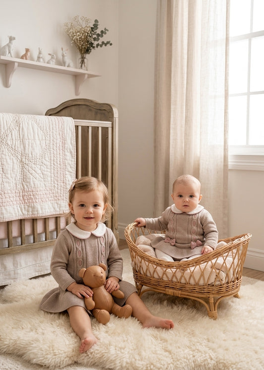 Vestido de Punto Beige para Bebé con Cuello Bobo | Moda Infantil | Mayoral | Sonajero Kids