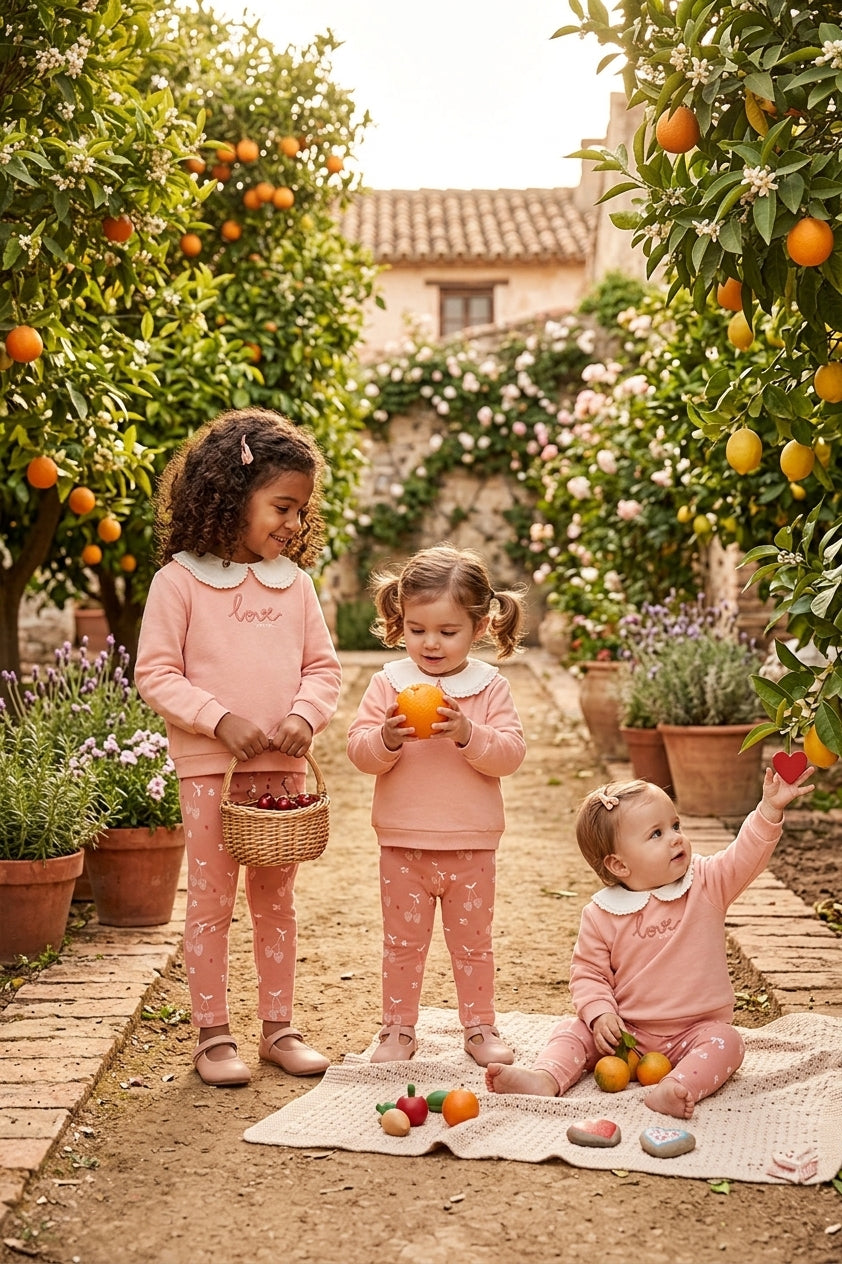 Conjunto Niña Sudadera Rosa Cuello Bobo y Leggings Cerezas | Sonajero Kids