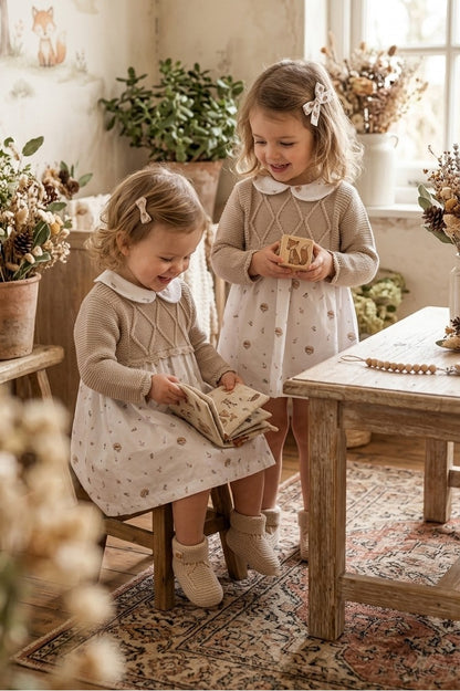 Vestido Bebé Punto Beige y Estampado Bosque | Moda Infantil | Sonajaro Kids
