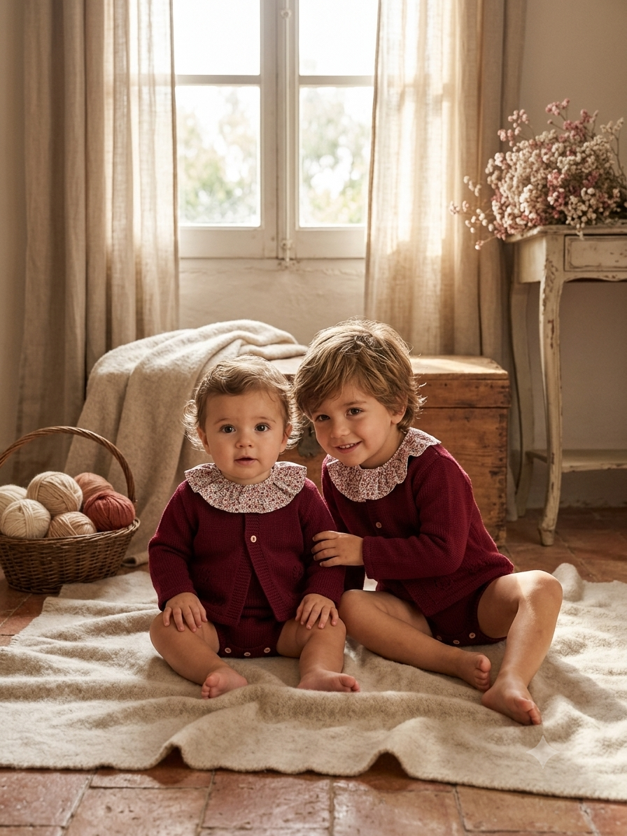 Conjunto de Punto Granate de 3 Piezas con Cuello Floral | Sonajero Kids