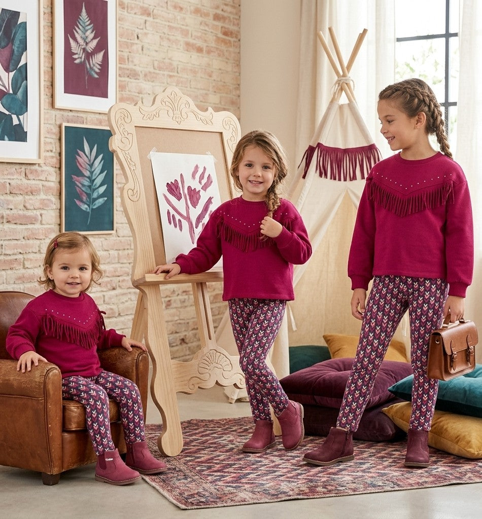 Conjunto Burdeos Niña Flecos y Leggings | Sonajero Kids
