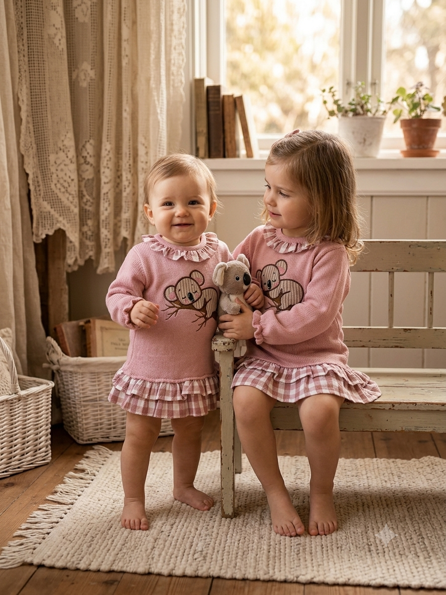 Vestido de Punto Rosa con Ilustración Koala y Cuello Vichy | Sonajero Kids