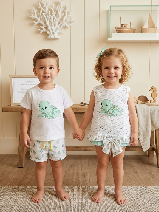 Conjunto de camiseta con bordado de tortuga y bañador