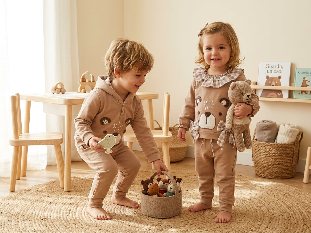 Conjunto Bebé Osito Beige con capucha | Moda Infantil  | Sonajero Kids