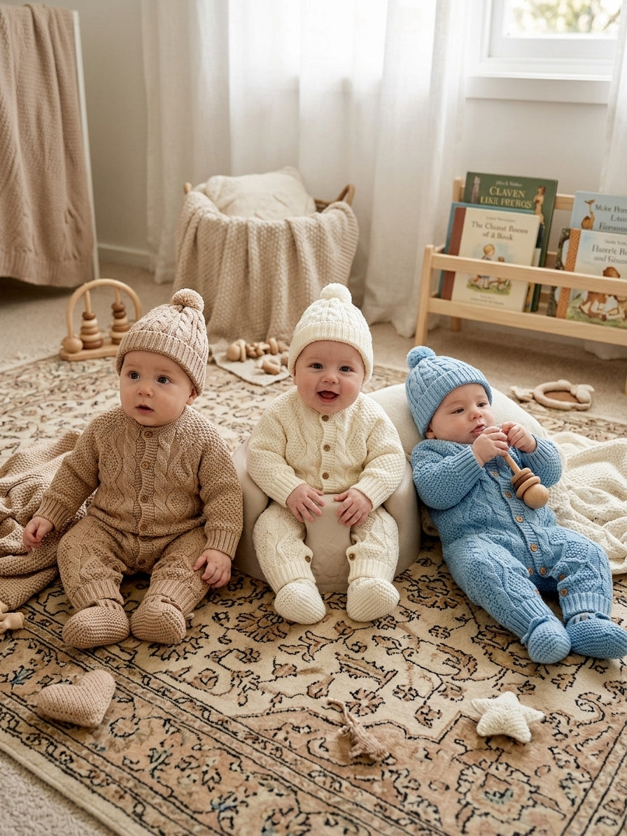 Conjunto de Punto para Bebé de 3 Piezas (Pelele, Gorro y Patucos) | Sonajero Kids