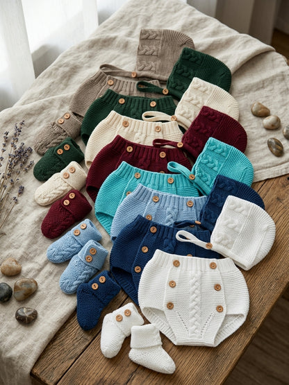 Conjunto de Punto para Bebé (Cubrepañal, Capota y Patucos) | Varios Colores | Sonajero Kids