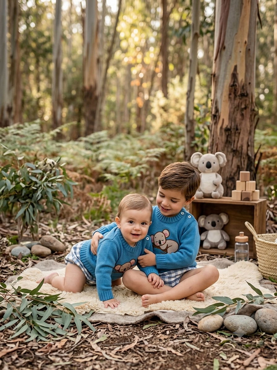 Conjunto Bebé Punto Azul y Cubrepañal Vichy Koala | Sonajero Kids