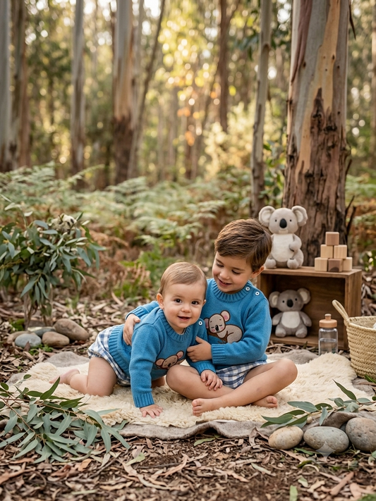 Conjunto Bebé Punto Azul y Cubrepañal Vichy Koala | Sonajero Kids