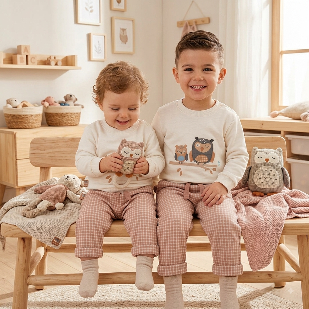 Conjunto Sudadera Búhos y Pantalón Cuadros Bebé | Sonajero Kids