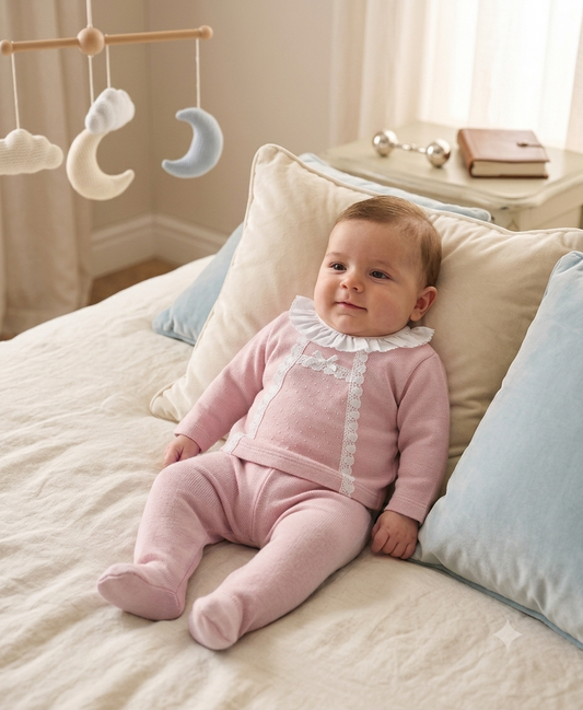 Conjunto de Punto  Rosa para Bebé con Volante y Encaje | Moda Infantil | Sonajero Kids