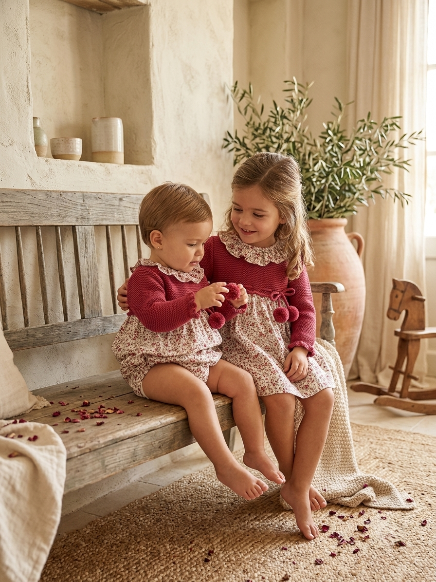Conjunto Bebé y Niña Punto Granate y Flores | Moda Infantil | Sonajero Kids