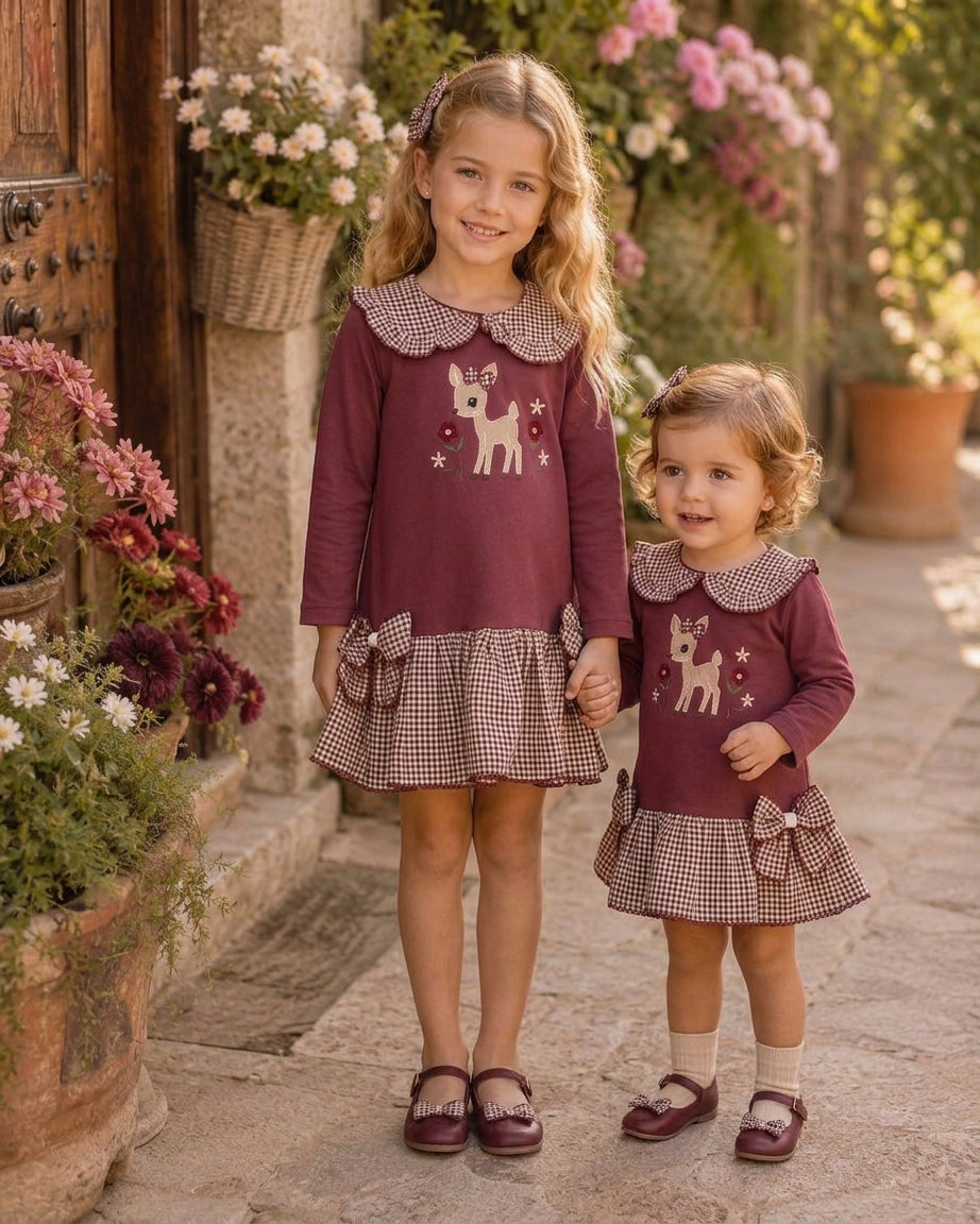 Vestido Infantil Borgoña con Bordado de Ciervo | Moda Infantil