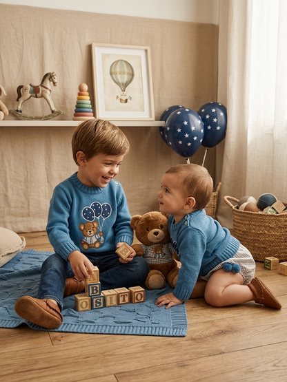 Conjunto Osito Azul y Cubrepañal Vichy | Sonajero Kids