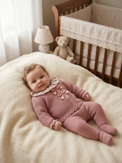 Conjunto Bebé 3 Piezas Punto Rosa con Cuello Floral | Sonajero Kids