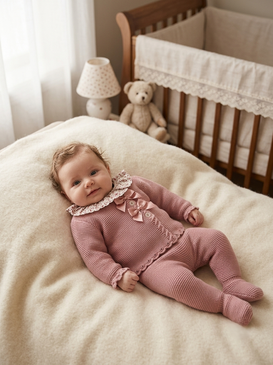 Conjunto Bebé 3 Piezas Punto Rosa con Cuello Floral | Sonajero Kids