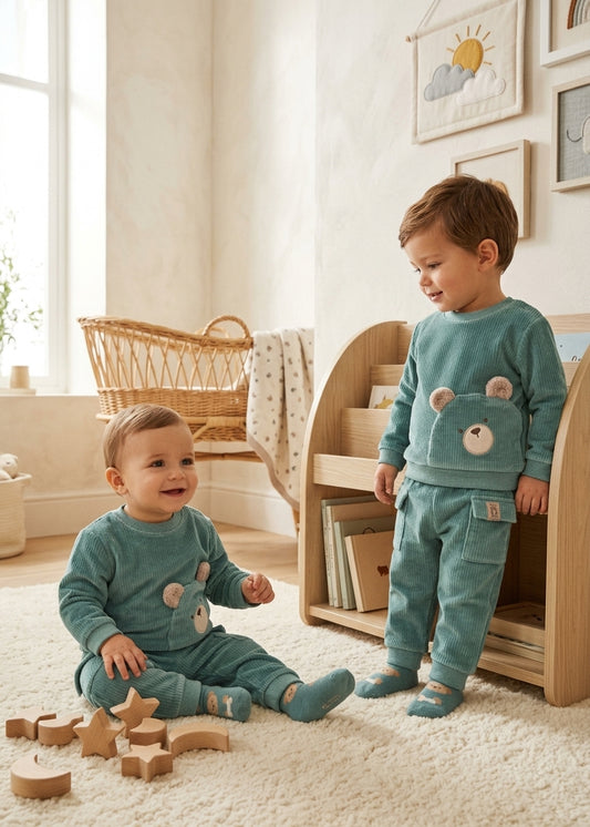 Conjunto 3 Piezas Bebé Menta | Sudadera Osito, Pantalón y Calcetines | Sonajero Kids