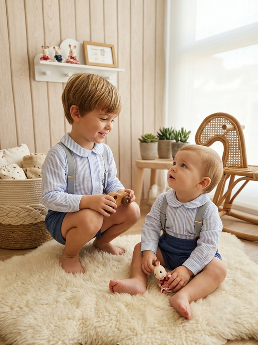 Conjunto Infantil Camisa Rayas Cuello Babero y Tirantes | Sonajero Kids
