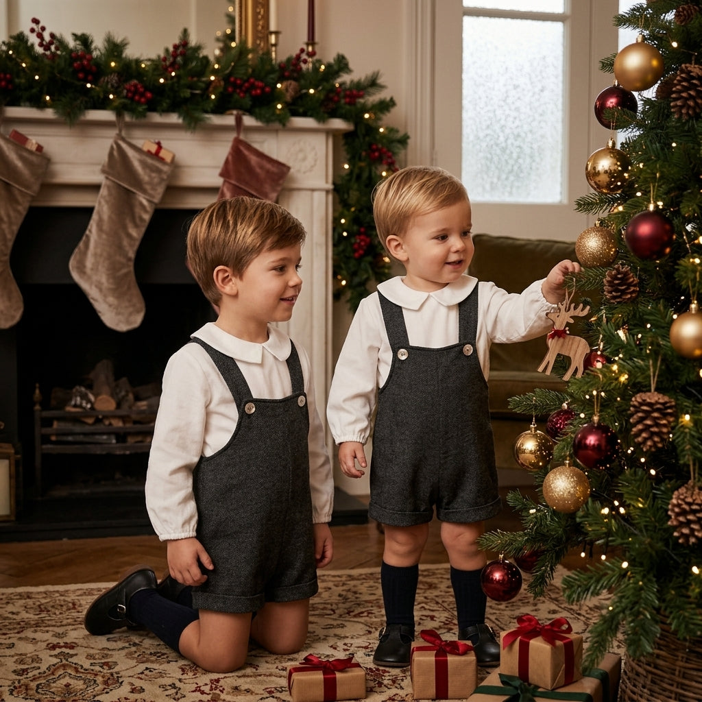 Pelele de Vestir Gris con Blusa Blanca Niños | Moda Infantil Elegante | Sonajero Kids
