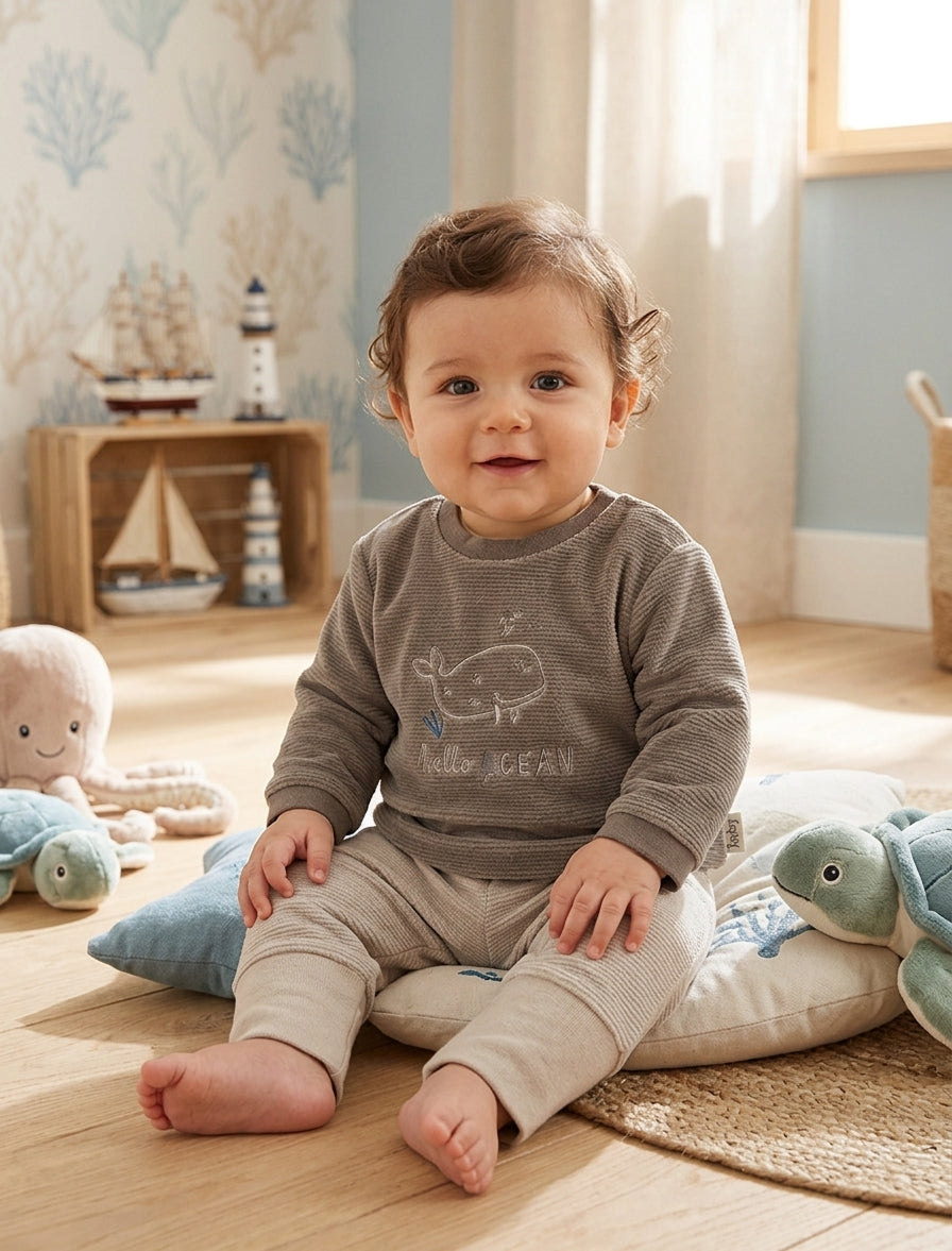 Conjunto Bebé Algodón «Hello Ocean» Marrón y Beige | Ropa Infantil | Sonajero Kids