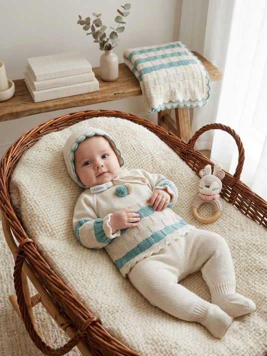 Conjunto de Punto Bebé 3 Piezas Beige y Verde | Sonajero Kids
