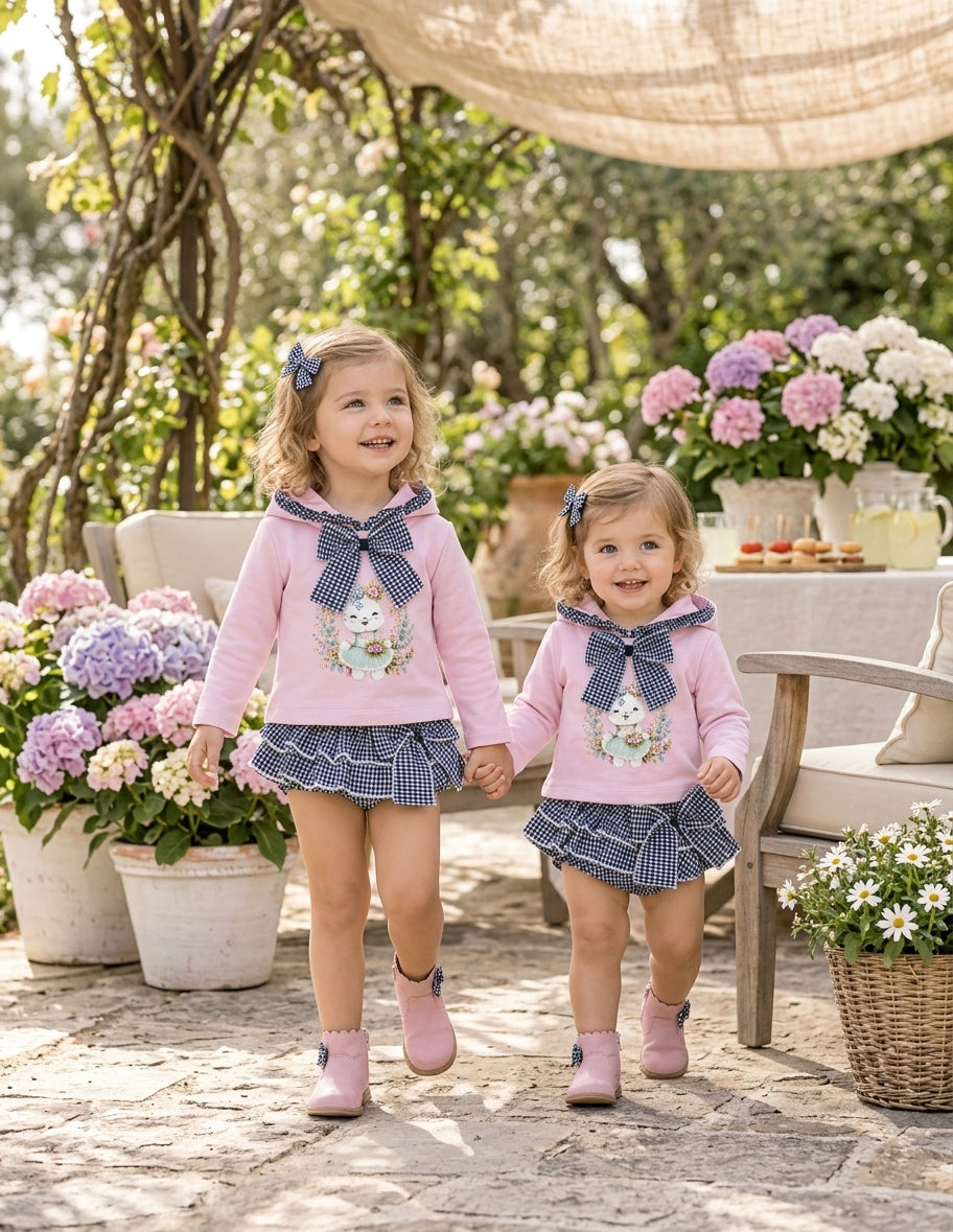 Conjunto Niña Sudadera Rosa y Cubrepañal Vichy | Moda Infantil | Sonajero Kids