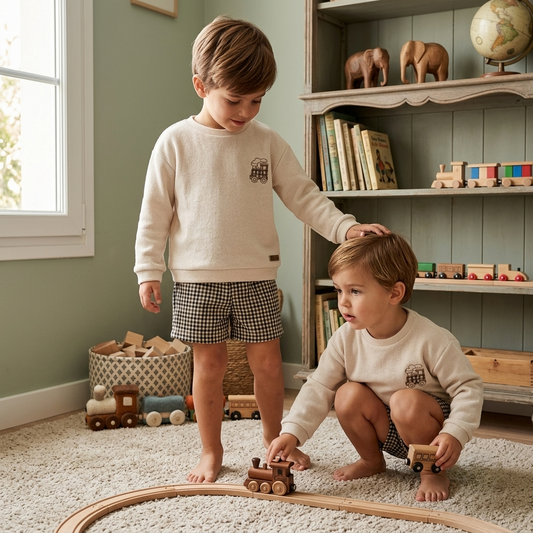 Conjunto de Punto Beige y Short Cuadros Niño | Calamaro