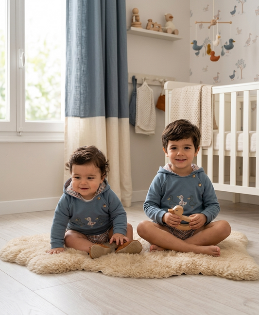 Conjunto Bebé Azul Pato con Capucha y Cubrepañal Cuadros | Sonajero Kids