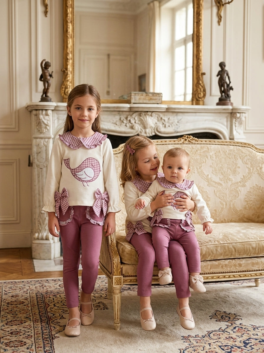 Conjunto Infantil Niña de Cuadros Vichy y Pajarito | Ropa Infantil Elegante | Sonajero Kids