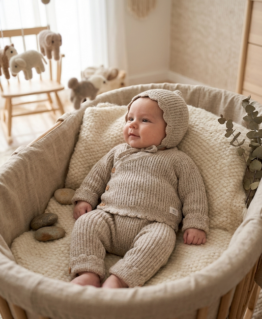 Conjunto de Punto Beige para Bebé 3 Piezas | Sonajero Kids