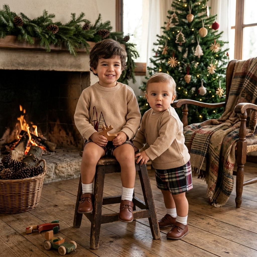 Conjunto de Punto Bebé Beige y Pantalón Cuadros Tartán | Sonajero Kids