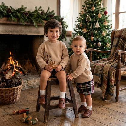 Conjunto de Punto Bebé Beige y Pantalón Cuadros Tartán | Sonajero Kids