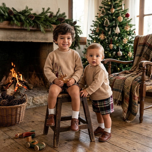 Conjunto de Punto Bebé Beige y Pantalón Cuadros Tartán | Sonajero Kids