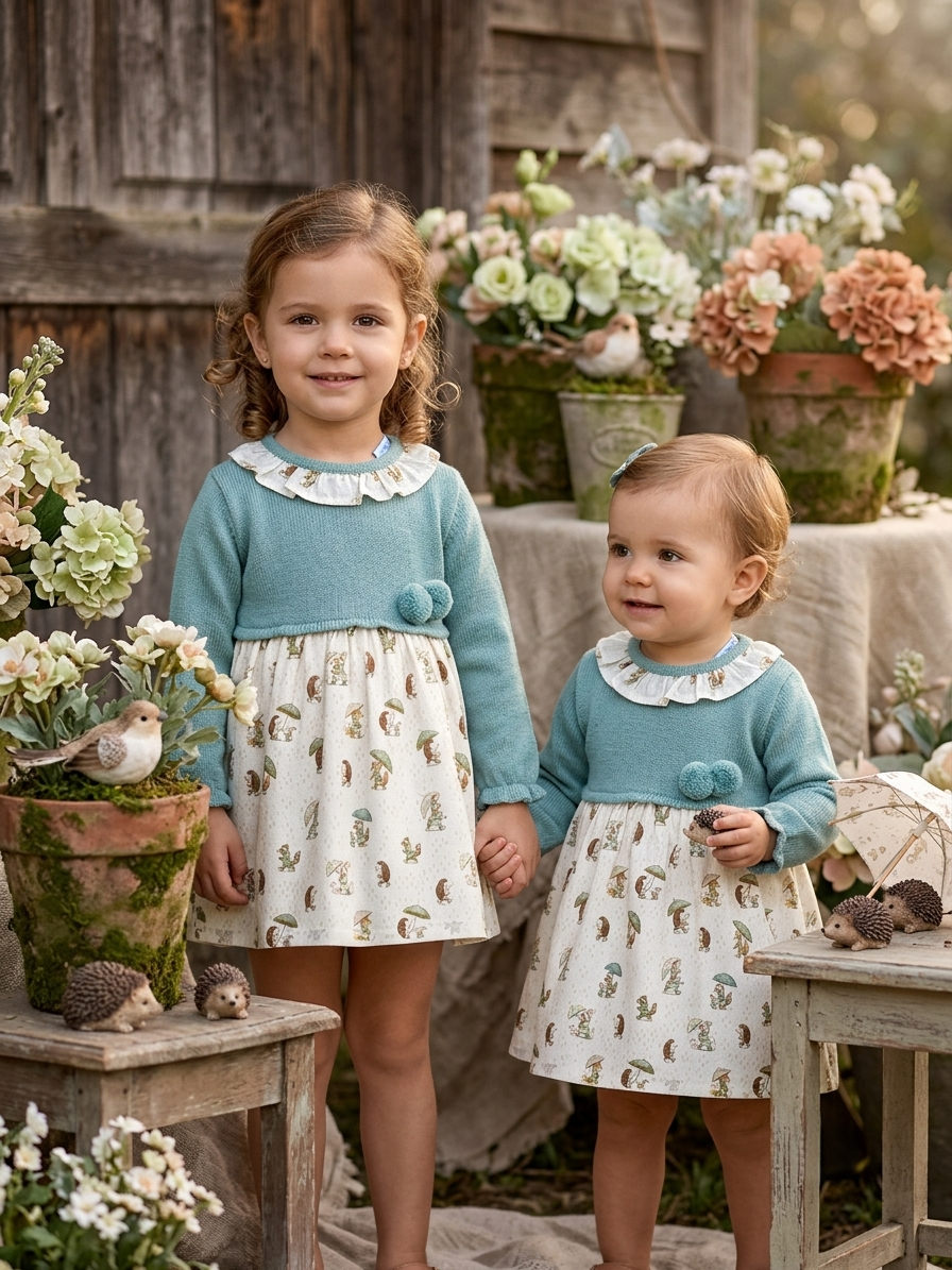 Vestido Infantil Verde Agua Erizo con Punto y Volante | Sonajero Kids