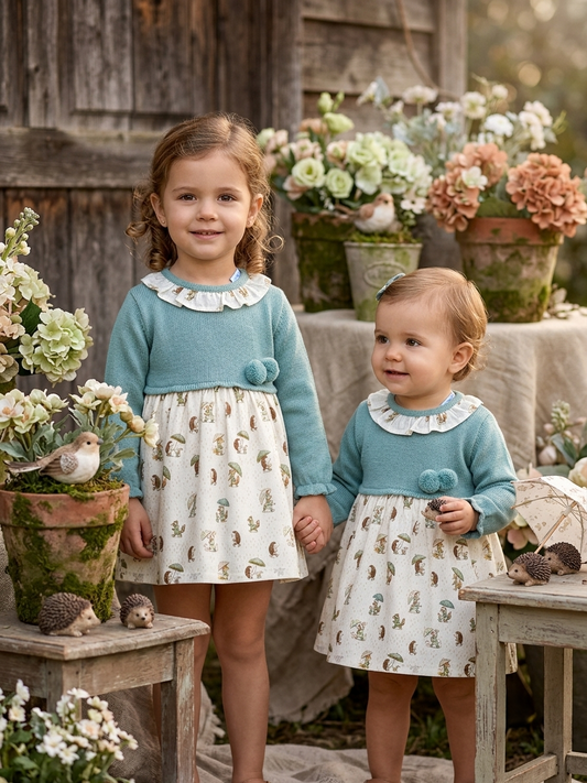 Vestido Infantil Verde Agua Erizo con Punto y Volante | Sonajero Kids