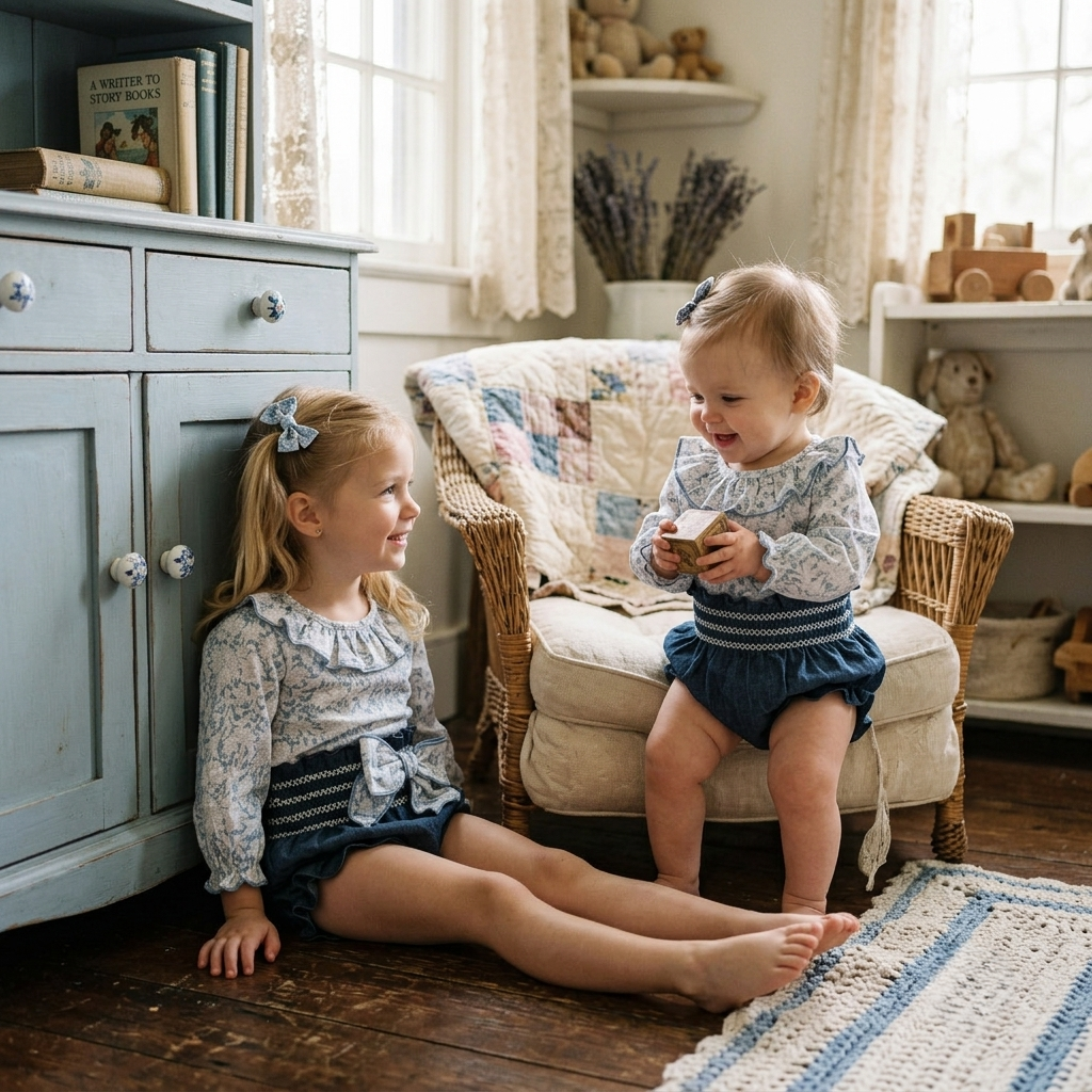 Conjunto Blusa Floral y Braguita Denim Azul | Sonajero Kids