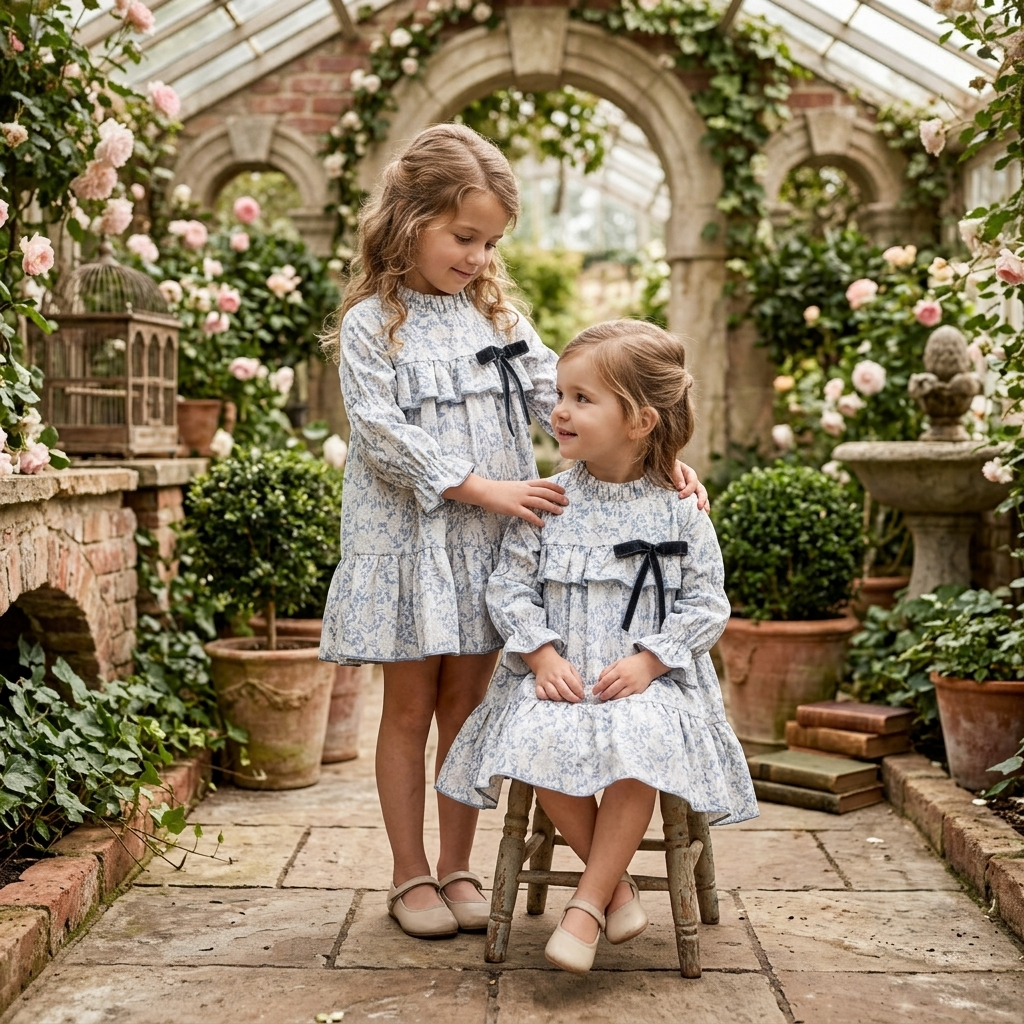 Vestido Infantil Floral Azul con Lazos de Terciopelo | Sonajero Kids
