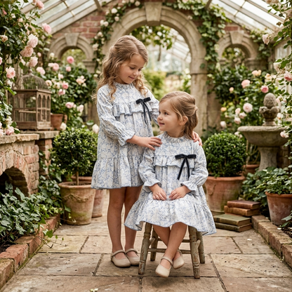 Vestido Infantil Floral Azul con Lazos de Terciopelo | Sonajero Kids