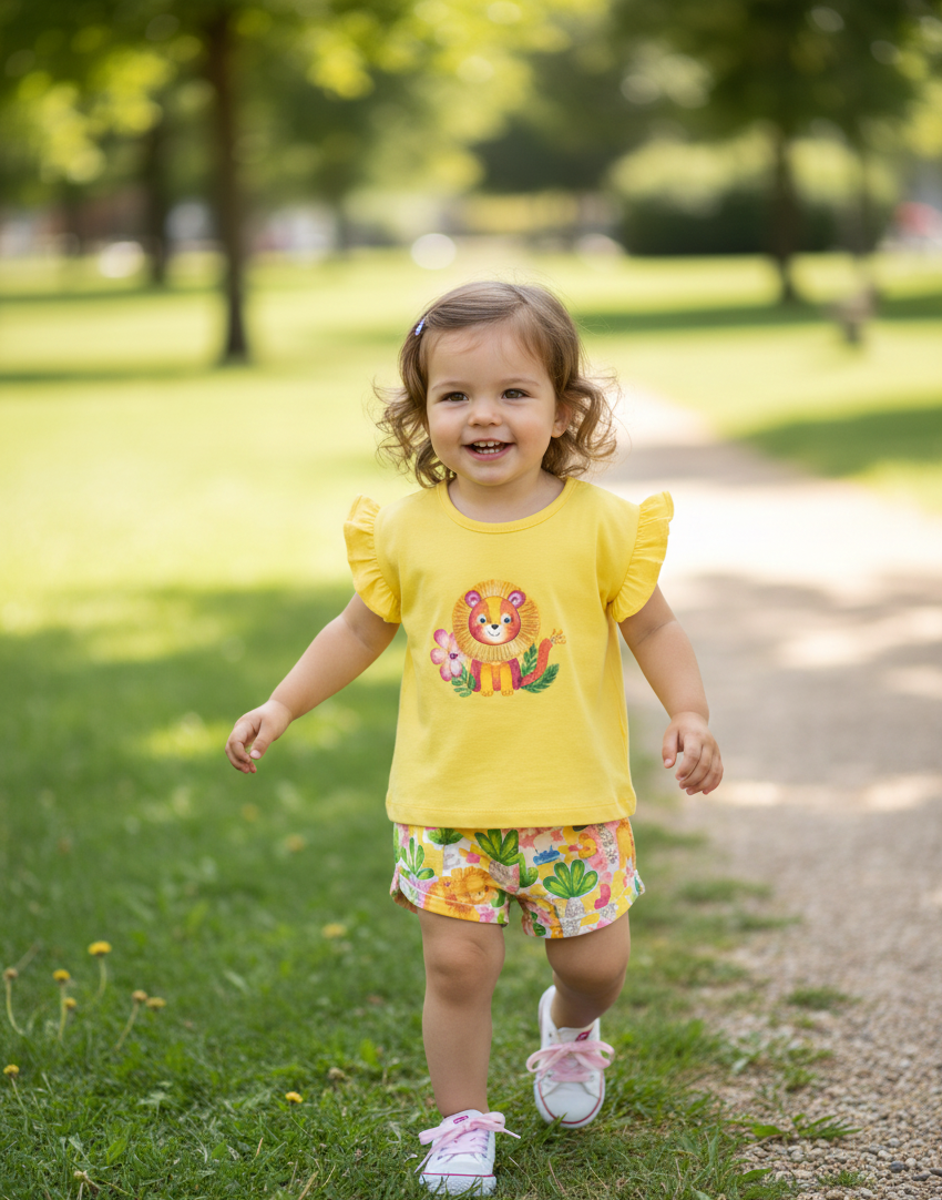 conjunto camiseta amarilla bordada con un león y short floral