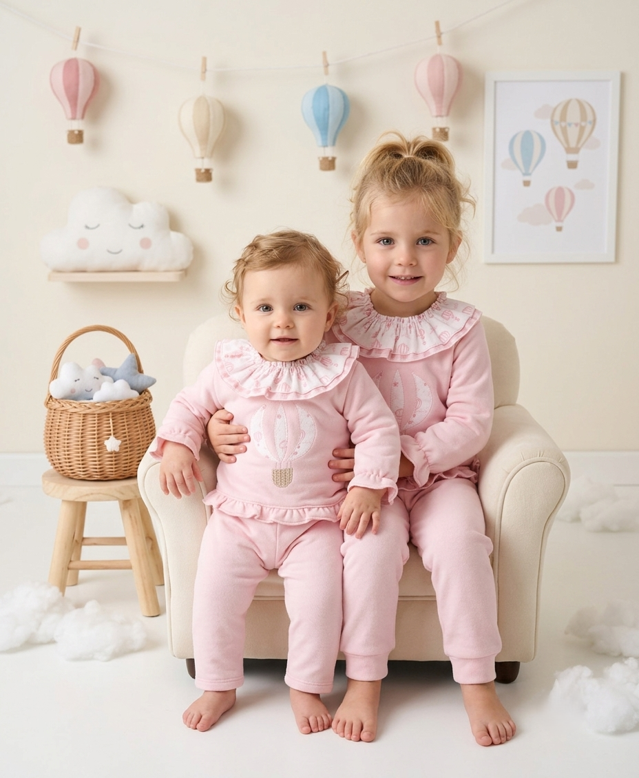 Conjunto Rosa Bebé Globo Aerostático | Moda Infantil Dulce y Suave | Sonajero Kids