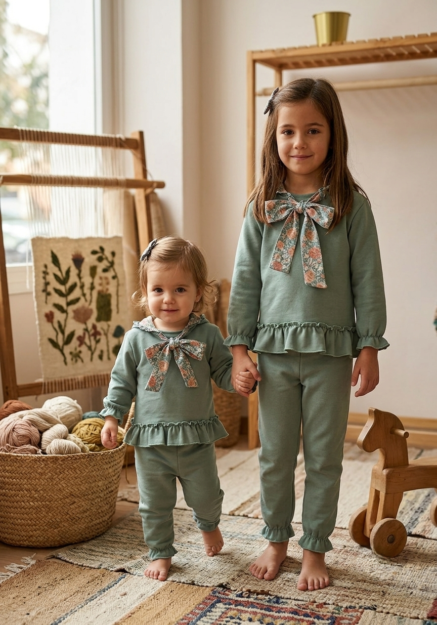 Chándal Verde Agua con Volantes y Lazada Floral | Sonajero Kids