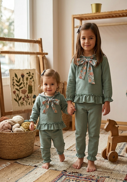 Chándal Verde Agua con Volantes y Lazada Floral | Sonajero Kids