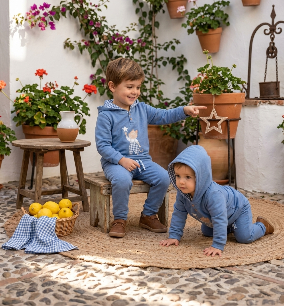 Conjunto Chándal Infantil Azul Gatito y Cuadros | Sonajero Kids