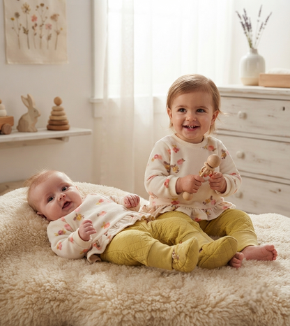 Conjunto de Bebé Floral y Leggings Mostaza | Sonajero kids