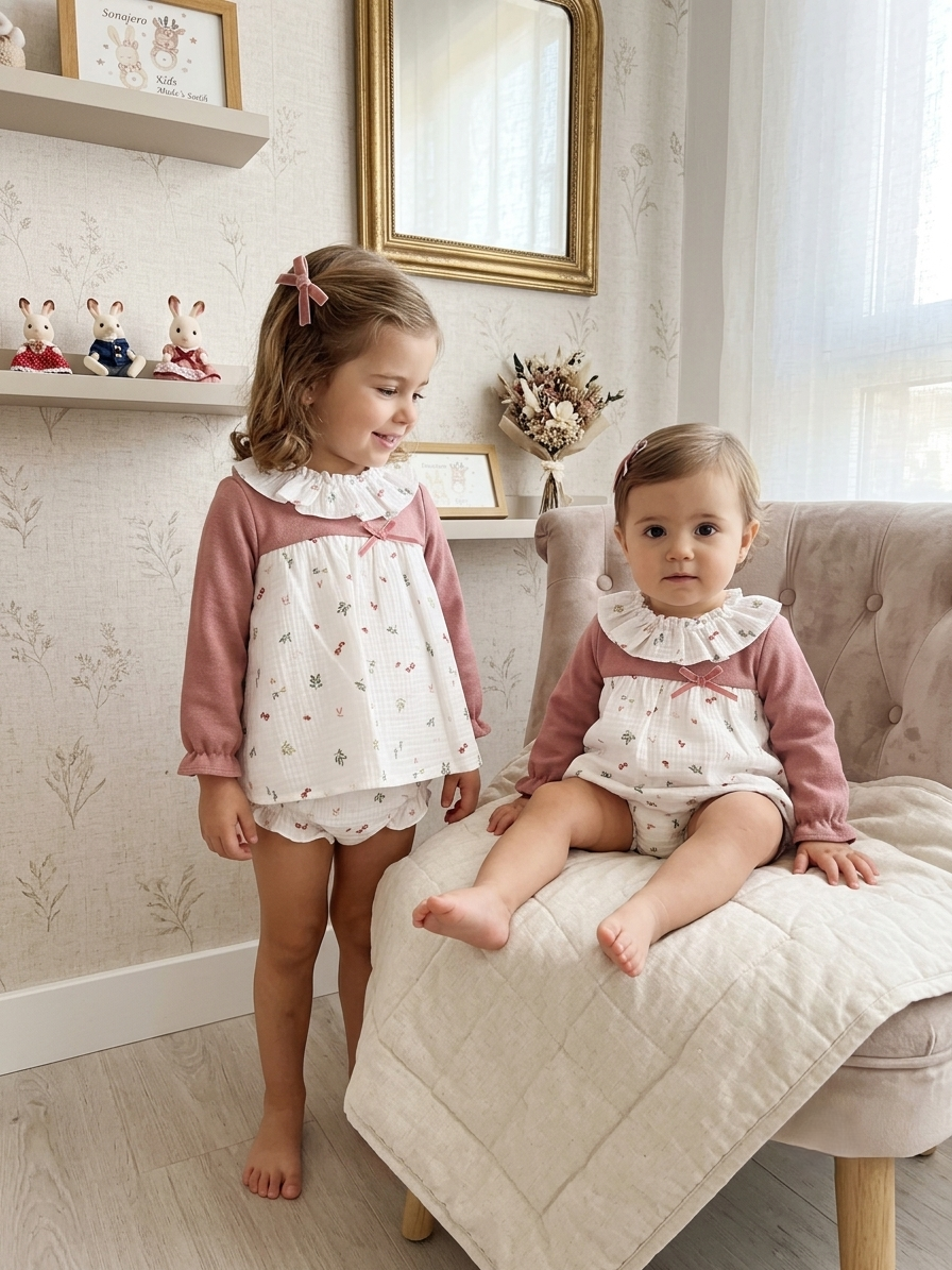 Conjunto Infantil Rosa Empolvado y Flores | Sonajero Kids