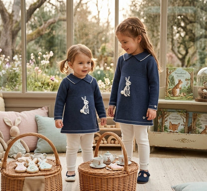 Vestido de Punto Infantil Azul Marino con Conejito | Moda Infantil | Sonajero Kids